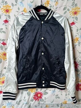 H&M | Black Satin Varsity Bomber Jacket with Silver Sleeves | Size M